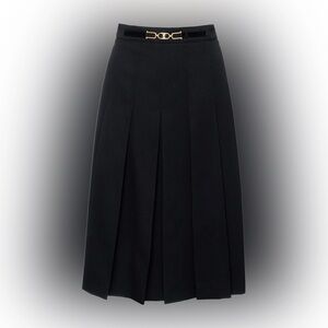 Authentic Celine Black Pleated Midi Skirt with Gold Hardware